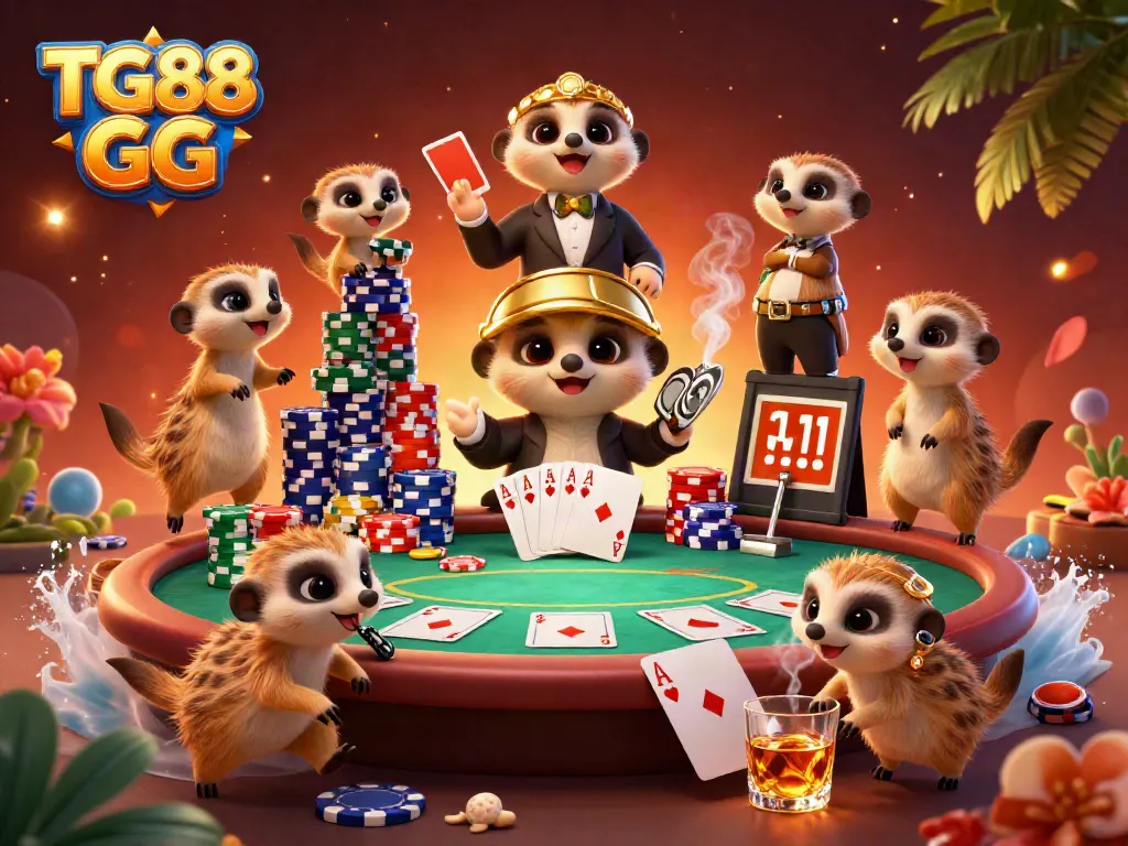 Engaging meerkats manage an exciting casino scene, showcasing TG88 GG branding.