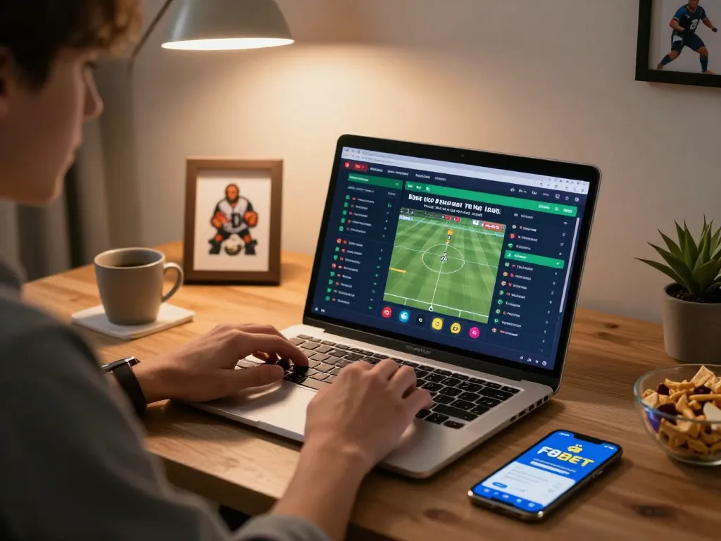 Engage with F8BET betting options in a cozy home office setting during live sports events.