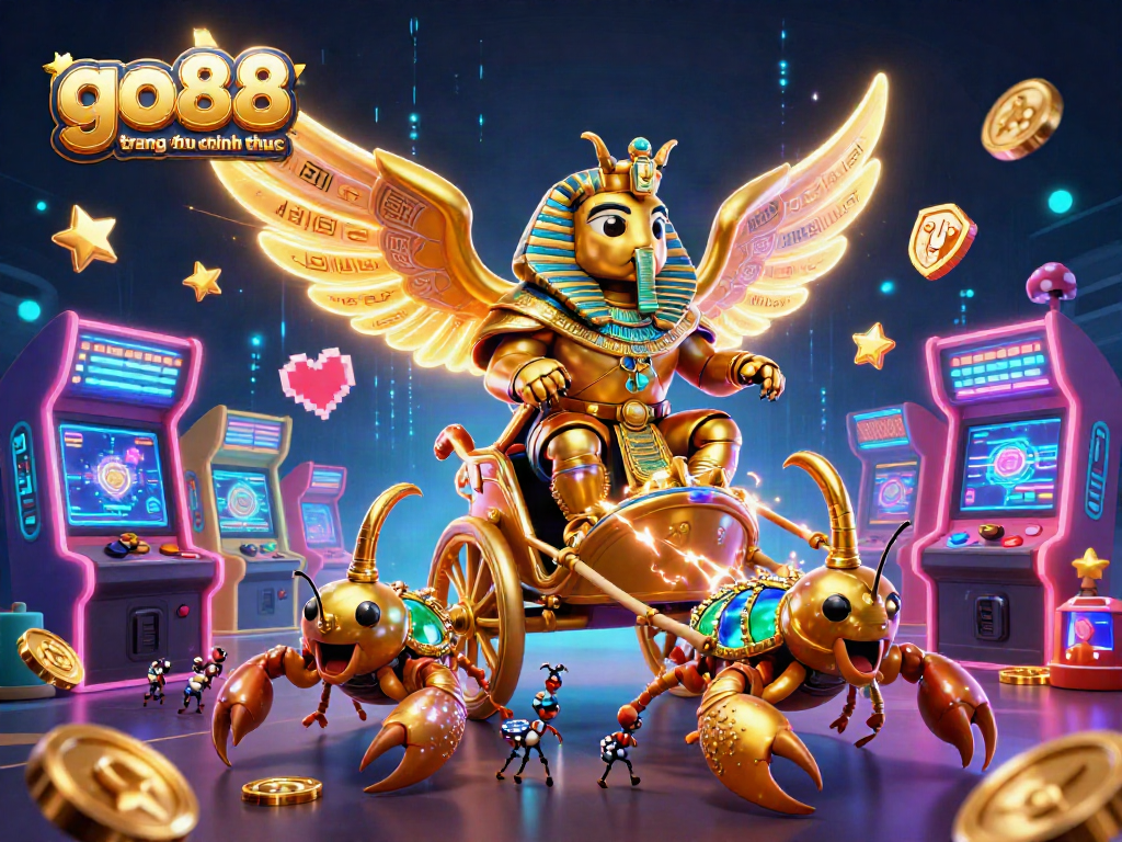 Engage with go88 trang chu chinh thuc as colossal golden scarab beetle and scorpions dominate a vibrant casino scene.