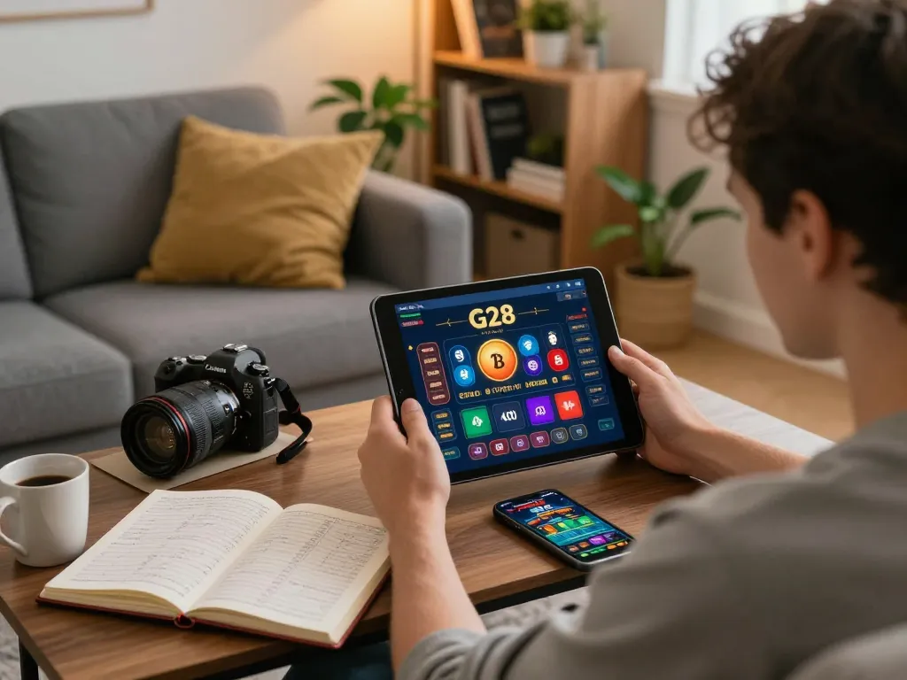 Engaging in online gaming at G28 with strategic notes in a cozy home setting