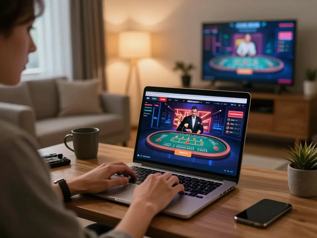 Player engaging with 789clubgo casino app in a cozy home office, emphasizing responsible gaming.