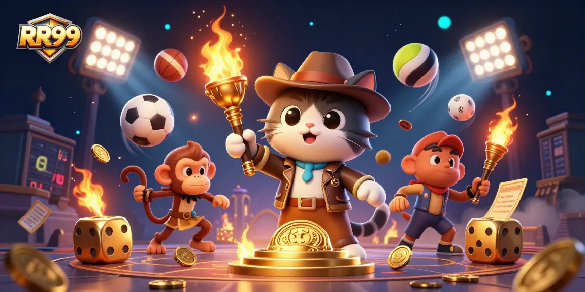 RR99 showcases an exciting archaeologist cat discovering casino treasures amidst vibrant game elements.