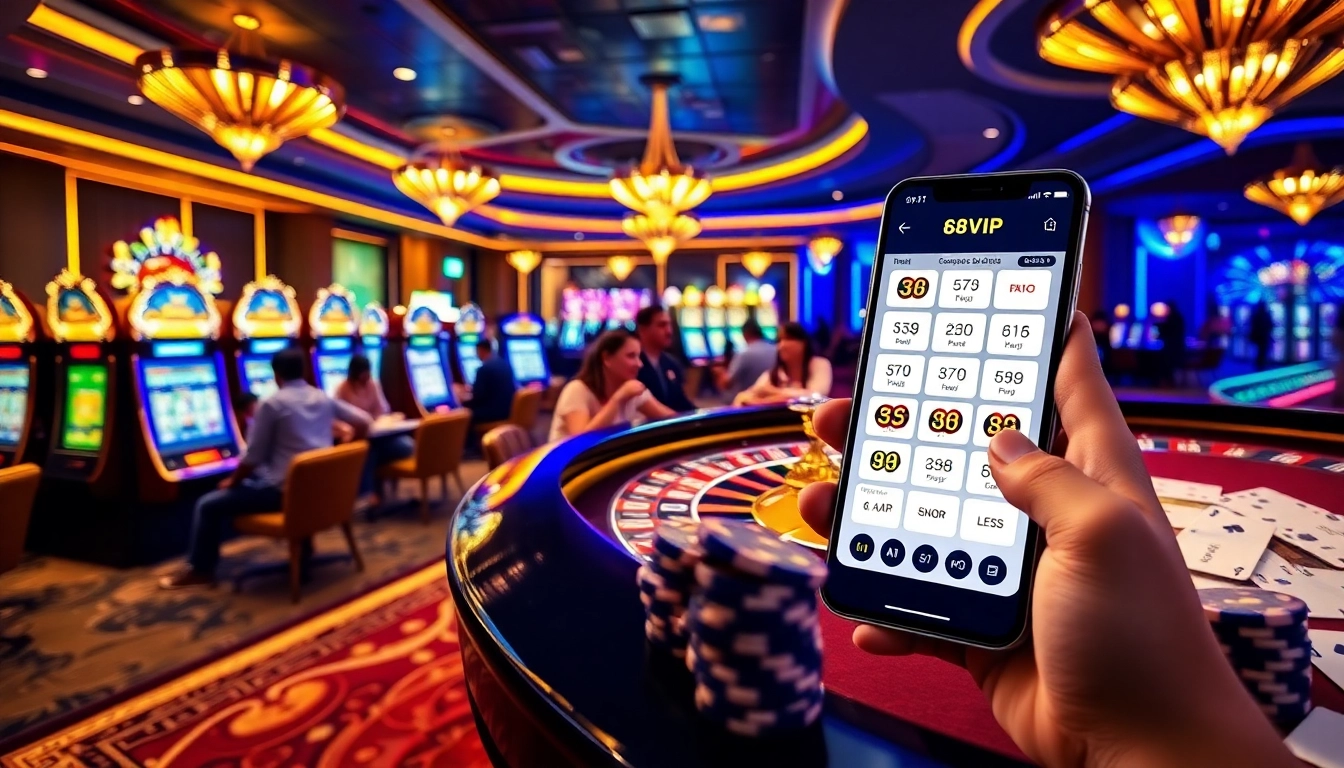 Players enjoying the excitement of 68VIP casino games at a luxurious venue, showcasing slot machines and poker action.