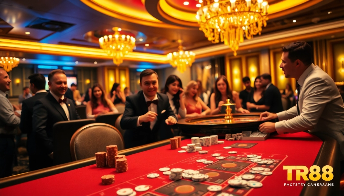 Engaging gamblers with TR88 at an exciting poker table featuring vibrant chips and cards.
