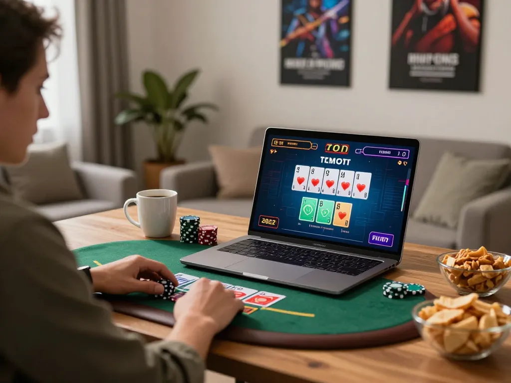 Engaging in a blackjack game on 78wingo, showcasing strategic gameplay in a cozy home setting.
