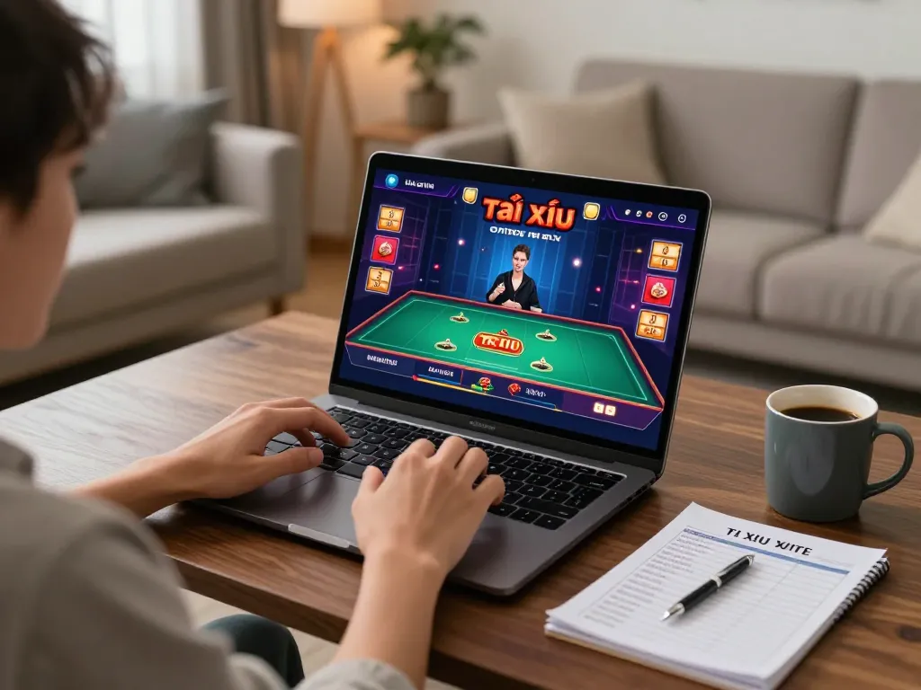 Person enjoying app tài xỉu online uy tín in a cozy home setup with vibrant gaming graphics.