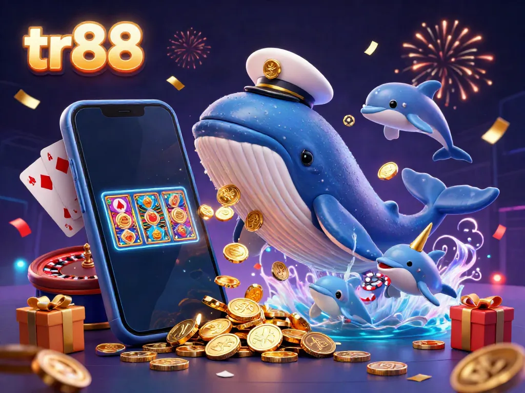 Experience the thrilling excitement of tr88 as a cartoon whale bursts through coins in a dazzling casino scene.