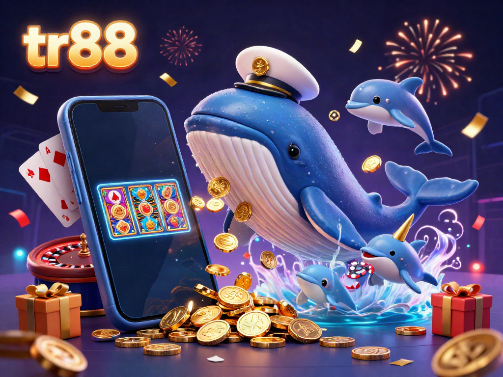 Experience the thrilling excitement of tr88 as a cartoon whale bursts through coins in a dazzling casino scene.