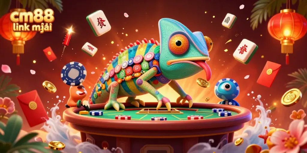 Experience the thrill of cm88 link mới with vibrant casino elements and a chameleon owner.