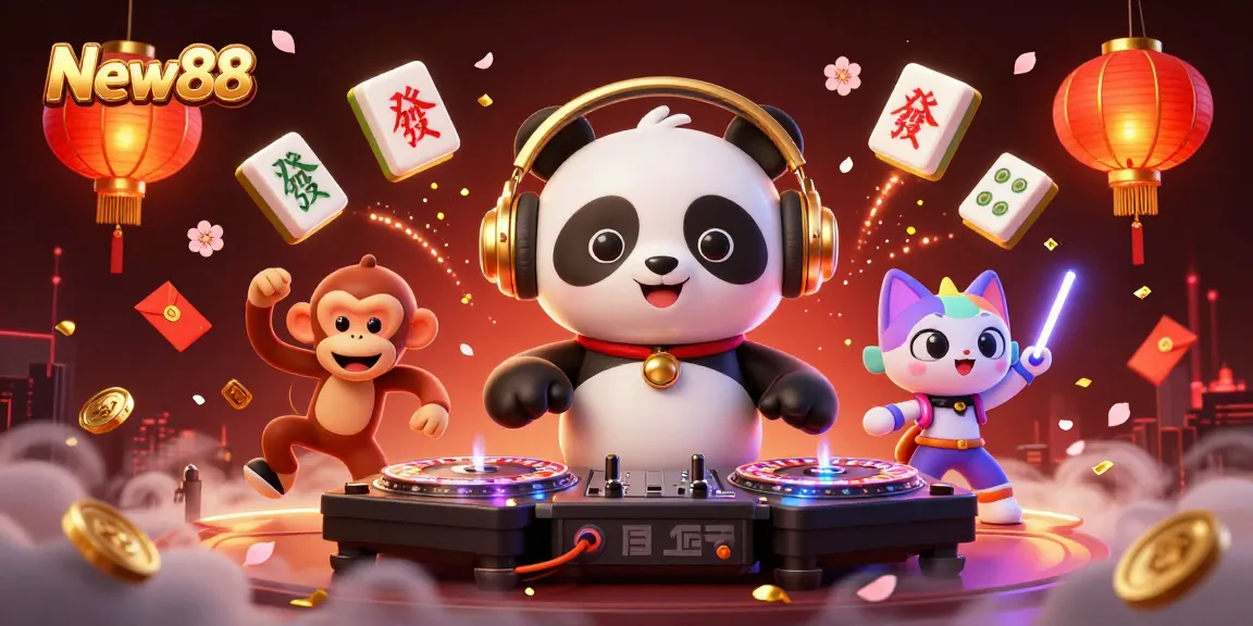 Experience New88 with a vibrant and energetic 3D scene featuring a DJ panda, breakdancing monkey, and rave kitten.