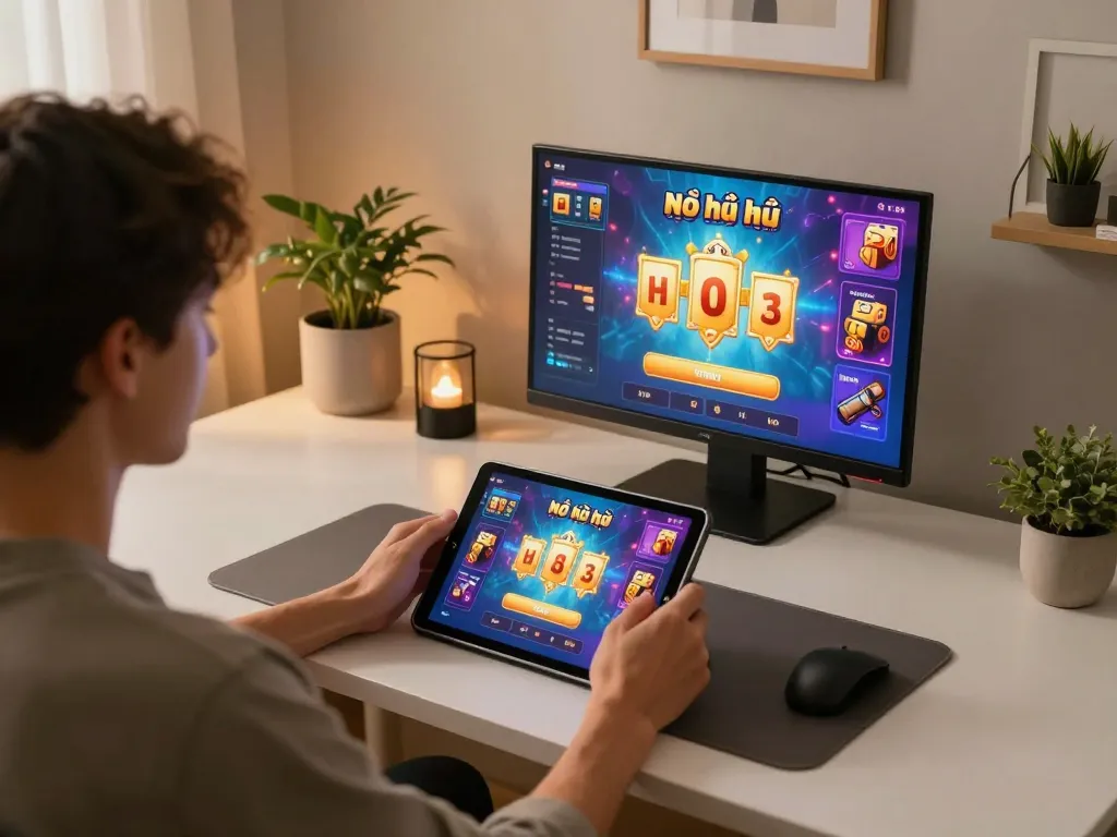 Nổ hũ game being played on a tablet at a cozy, modern gaming setup.