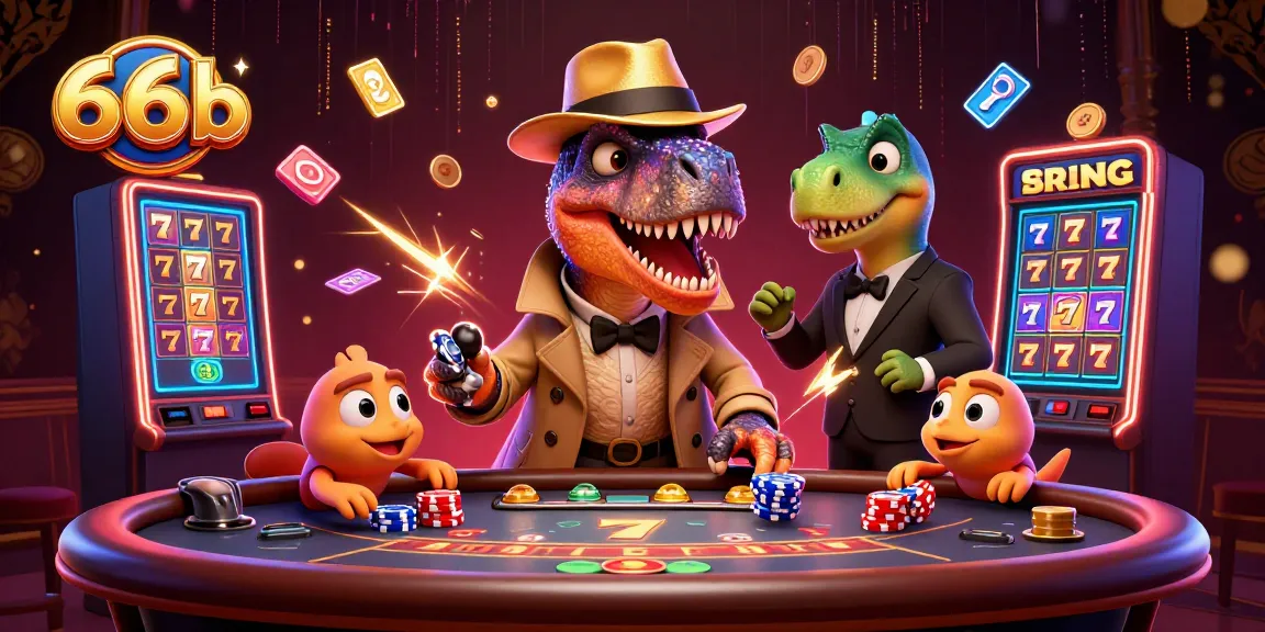 66b casino scene with a velociraptor card counter and stegosaurus pit boss engaged in a blackjack table heist.