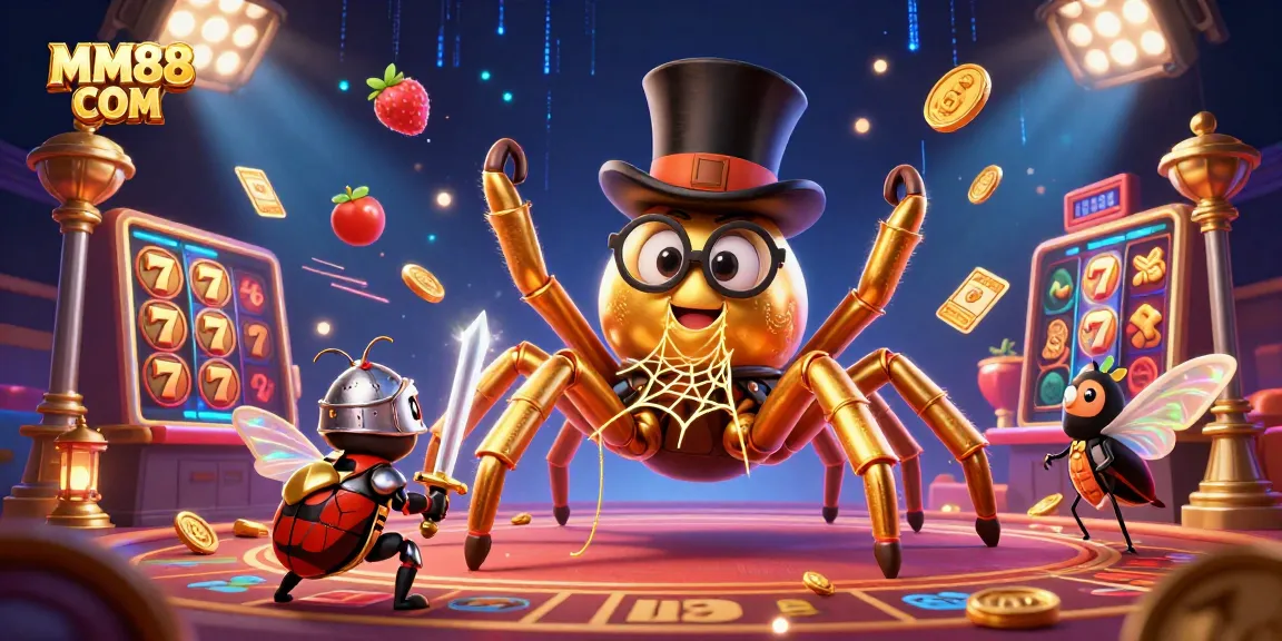 Play exciting games on MM88 COM with golden slots and dynamic casino elements in a captivating scene.