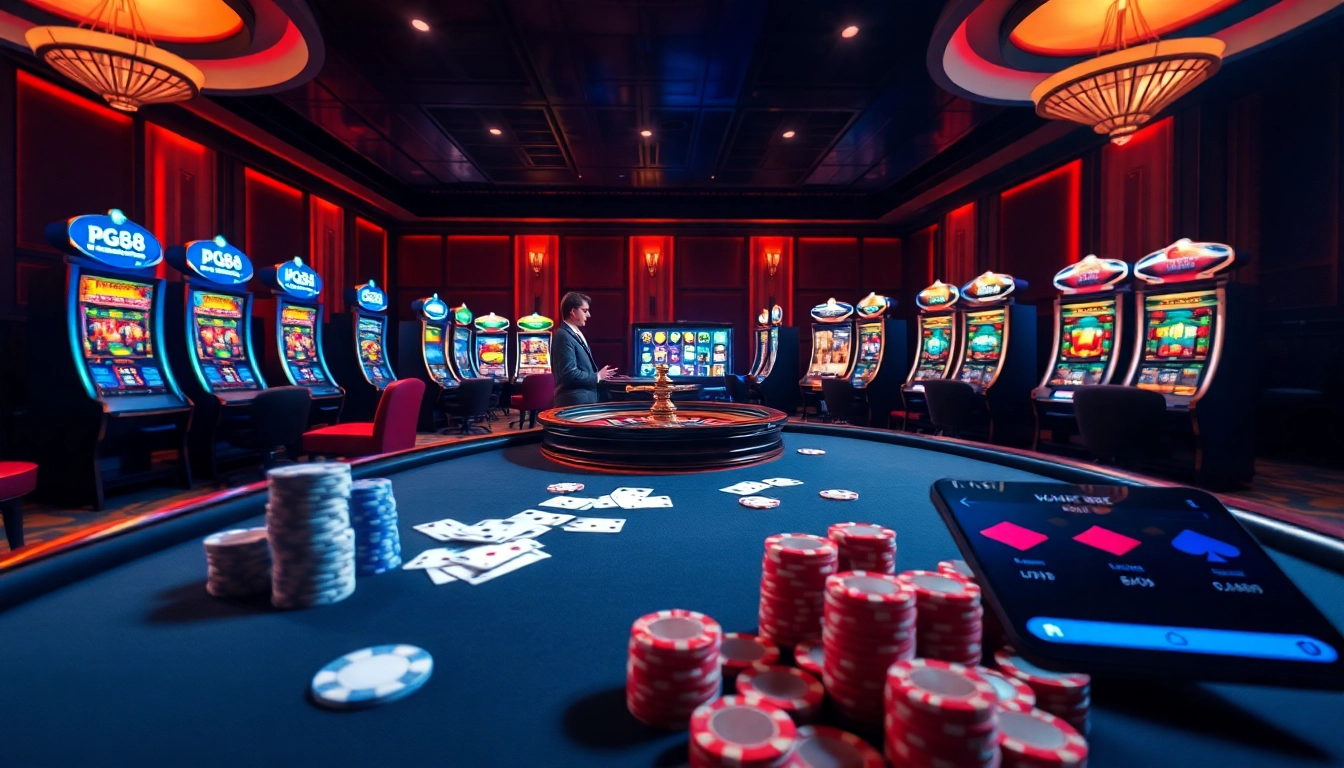 Experience the thrill of online gambling at pg88.tattoo with a luxurious casino setup featuring poker chips and cards.