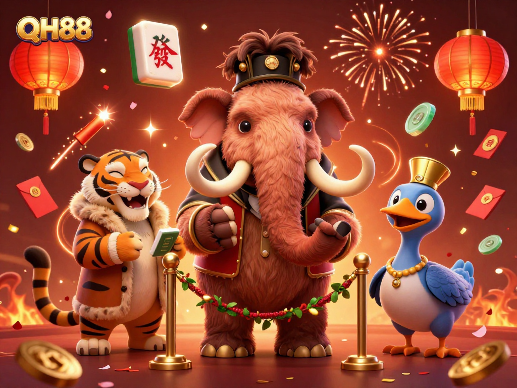 Experience QH88 thrills at the vibrant casino with dynamic characters and festive elements