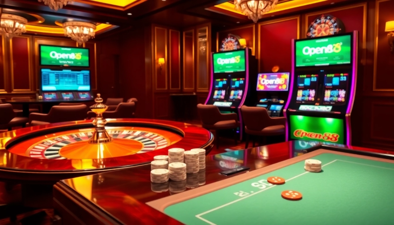 Experience the excitement of open88 with a luxury casino scene featuring poker tables and vibrant slots.