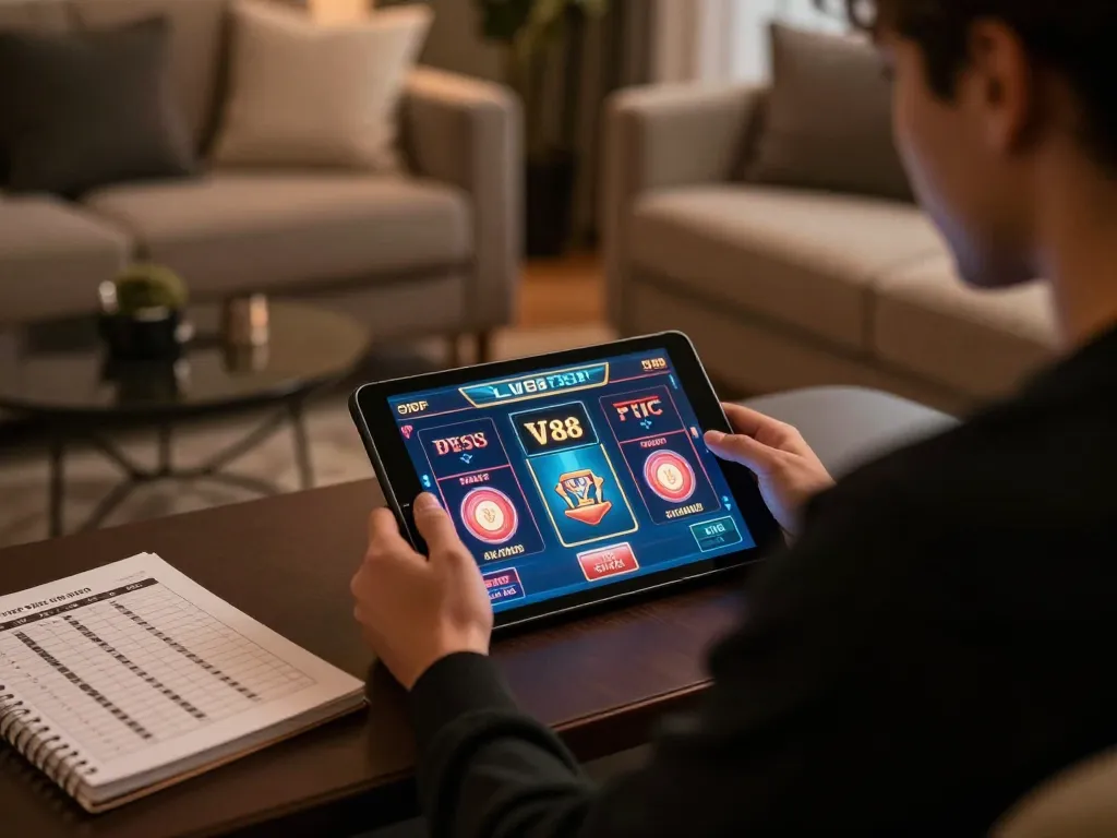 Player strategizing on LV88 tablet in stylish home gaming setup.