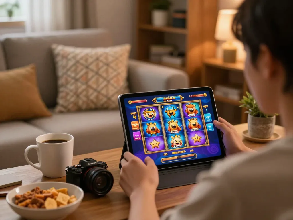 Engaging in slot Malaysia gaming from home with colorful tablet interface and cozy atmosphere
