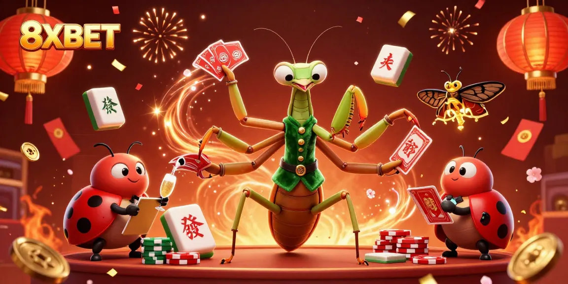 Experience the thrill of 8XBET with a vibrant 3D casino scene featuring a giant praying mantis card sharp and ladybug pit boss.