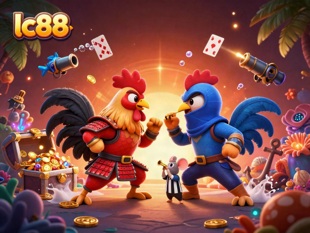 Experience thrilling action with lc88 as fighting roosters clash in a vibrant casino scene.