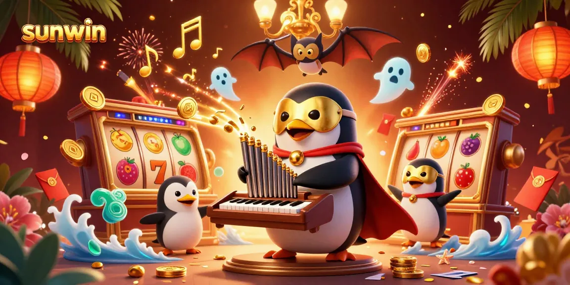 Win big with sunwin as a phantom opera penguin plays slots amidst golden coins and festive elements.