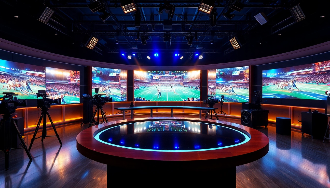Engaging sports broadcasting studio showcasing live events with an anchor desk and dynamic screens.