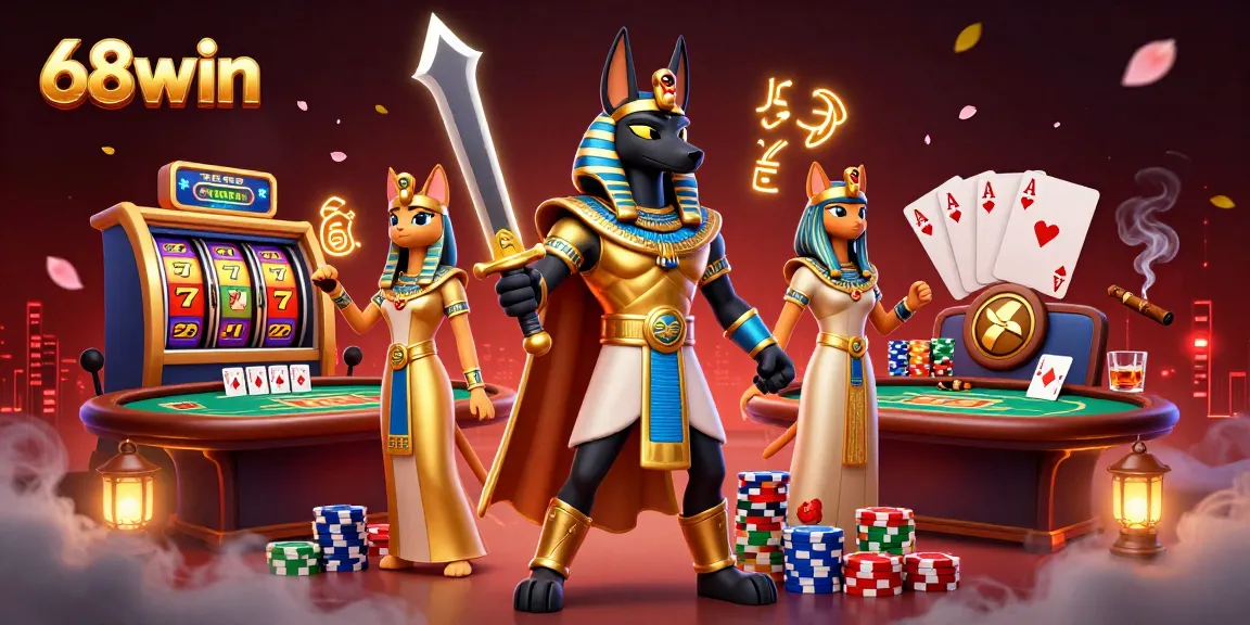 Engage with 68win's exciting casino atmosphere featuring Anubis and Bastet amidst vibrant gaming elements.