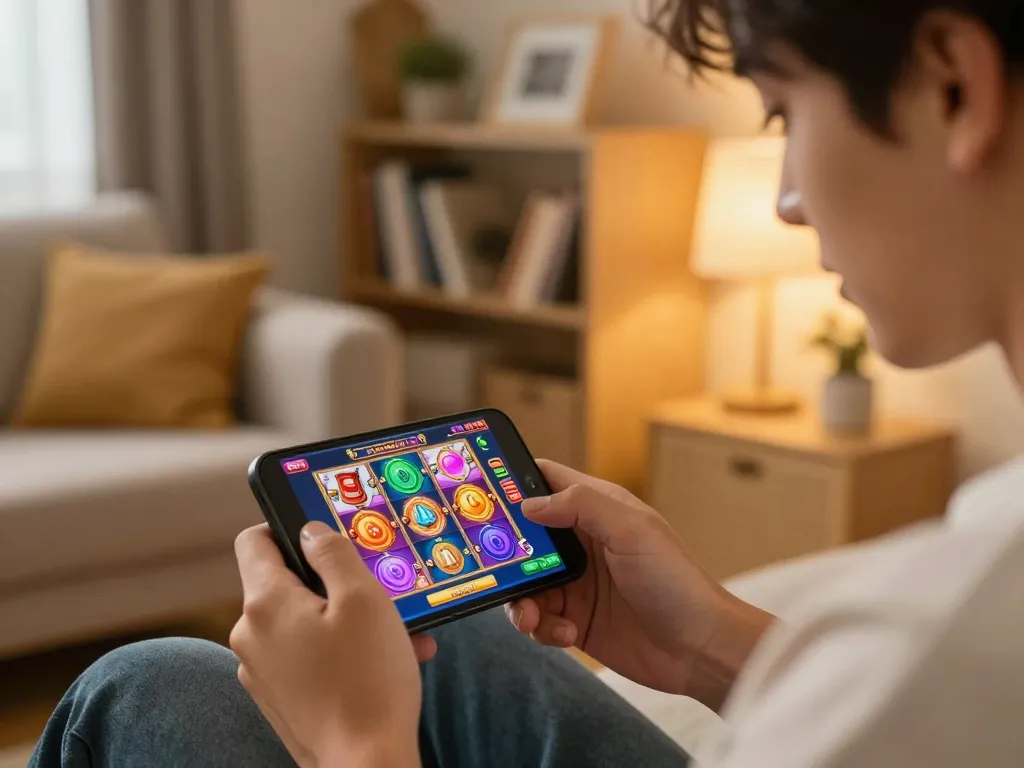Player enjoying exciting slot games on mobile device with XX88 in a cozy environment