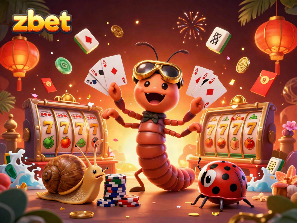 Spin and win at zbet with a vibrant casino scene featuring a playful millipede dealer.