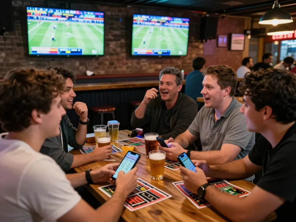 Gamblers celebrating sports bets at a lively bar, showcasing keobongda strategies in action.