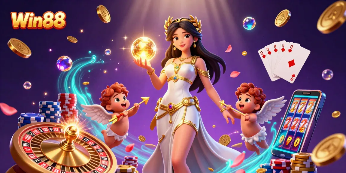 Witness Win88's thrilling online gambling scene with enchanting characters and vibrant casino elements.