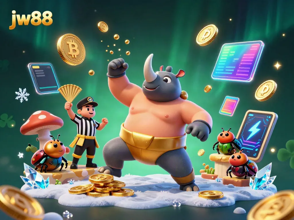 Witness the thrilling action at jw88, where a beetle sumo champion stomps coins around a vibrant casino scene.