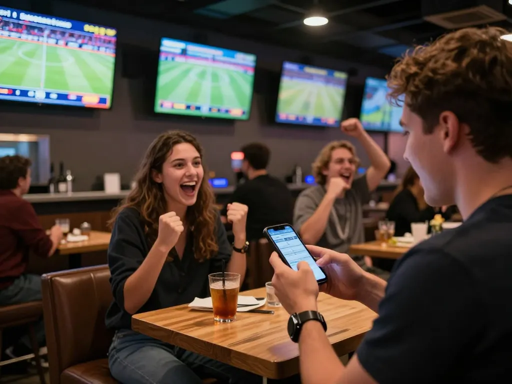 Players enjoying sports betting at lu88 venue with live screens and smartphones.