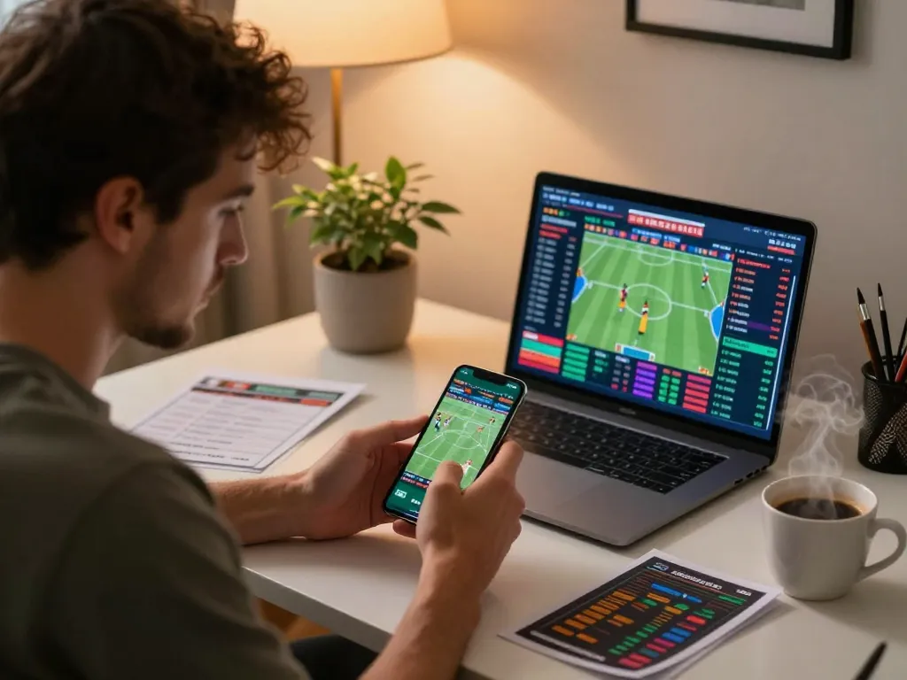 Engaging in online sports betting with link vao 12bet displayed on the smartphone in a cozy home office.