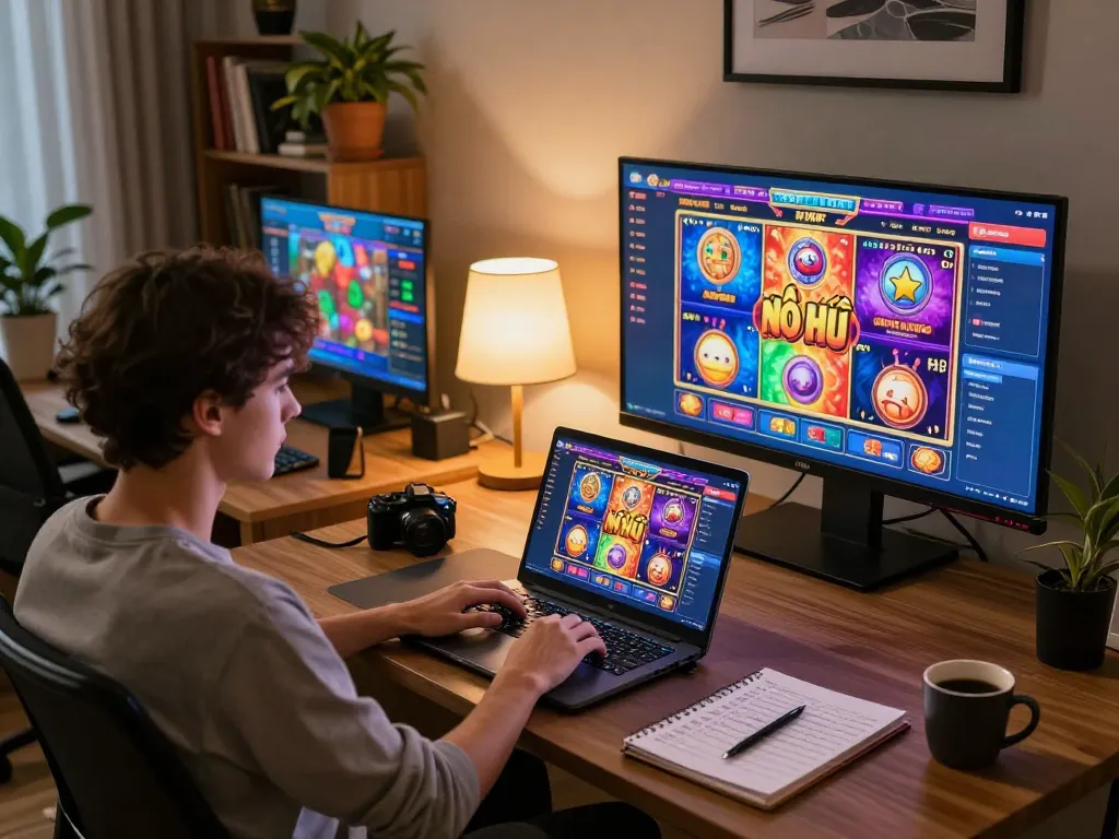 Nổ Hũ player engaged in online gaming session with vibrant slot displays and strategic notes at home