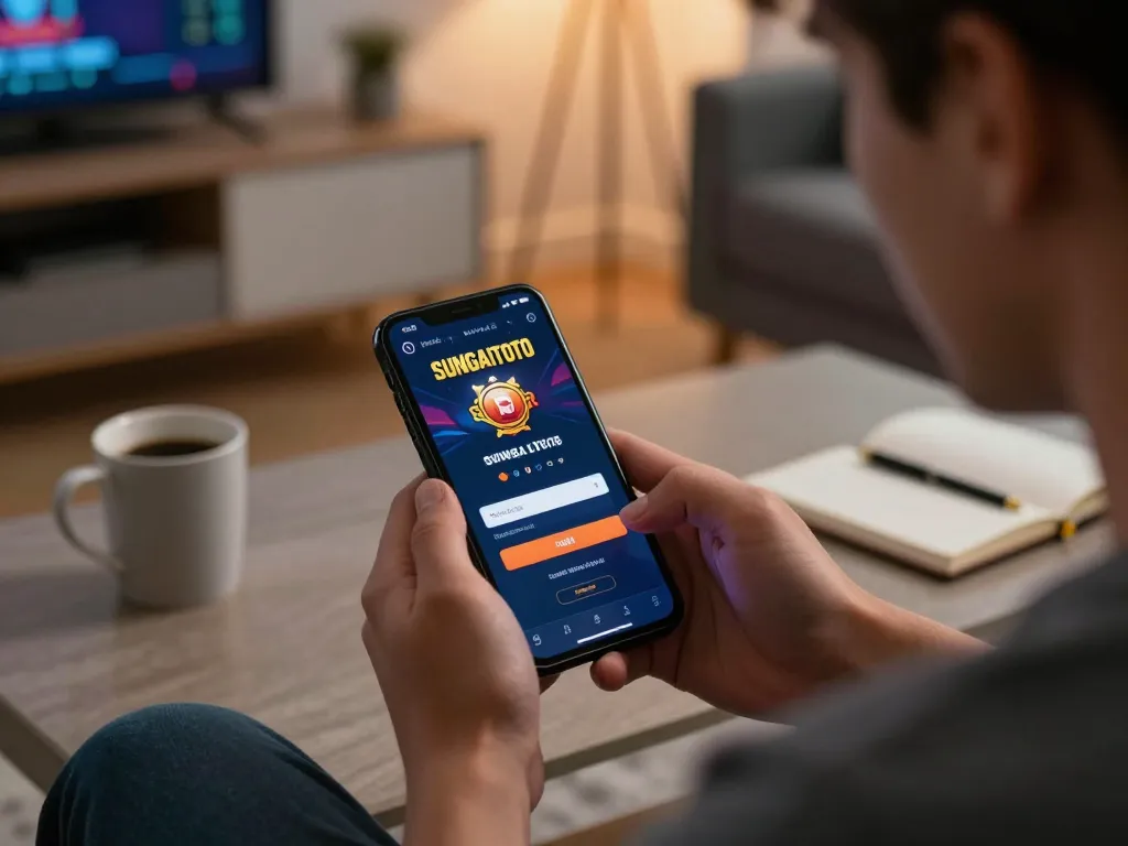 SUNGAITOTO login screen displayed on smartphone in a warm and inviting home environment
