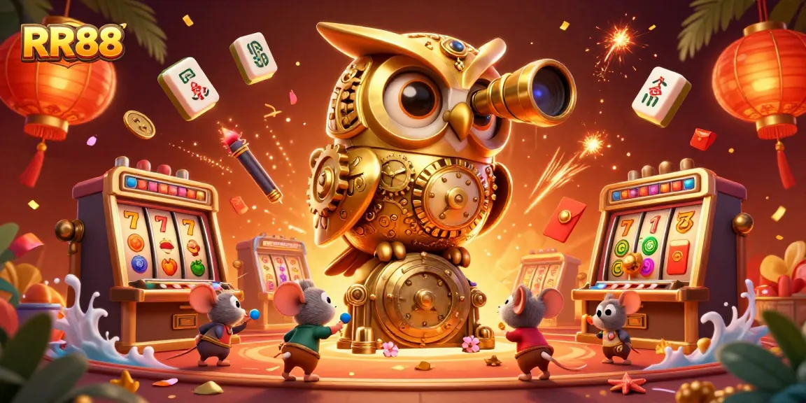 Experience RR88's vibrant casino atmosphere with unique slot machines and engaging characters.