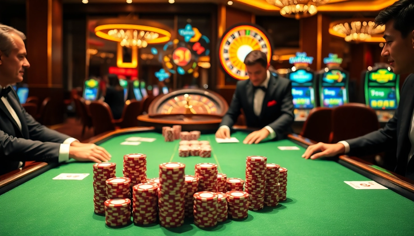 Engaging poker action at a casino table featuring DEBET branding on chips.