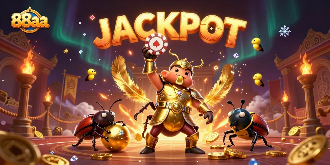 88aa's gambling glory shines as a victorious beetle lifts a poker chip triumphantly, surrounded by vibrant casino elements.