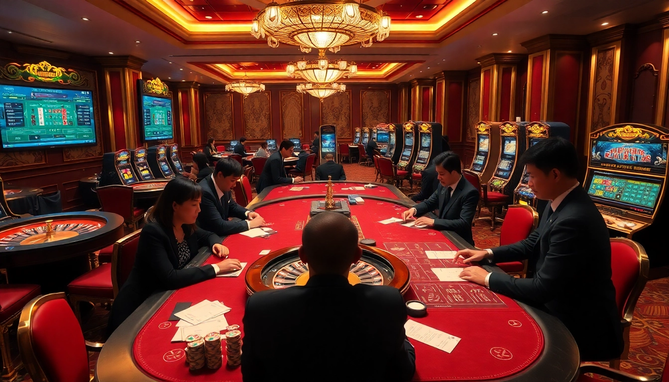 Engaging players at a luxury casino showcasing nha cai uy tin with poker chips and roulette wheels.