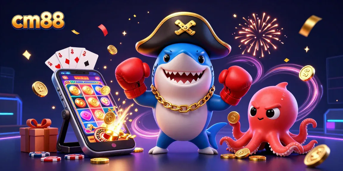 Win big with cm88 as cartoon characters celebrate around slot games and gold coins.