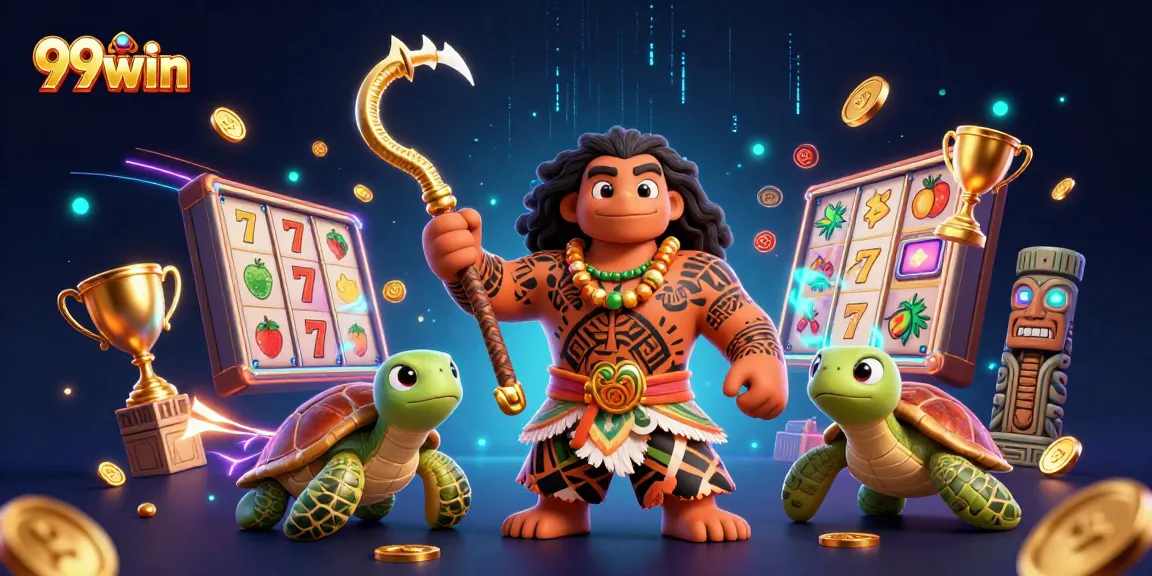 Wager with 99win as a Polynesian demigod hawk and turtle amidst slot reels and jackpot coins.