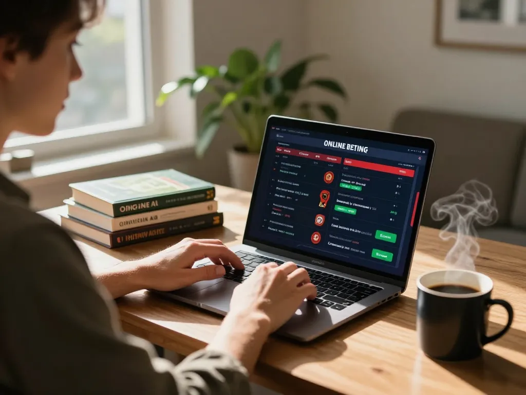 uk88 sports betting interface on a laptop with user strategizing from home, featuring warm lighting.