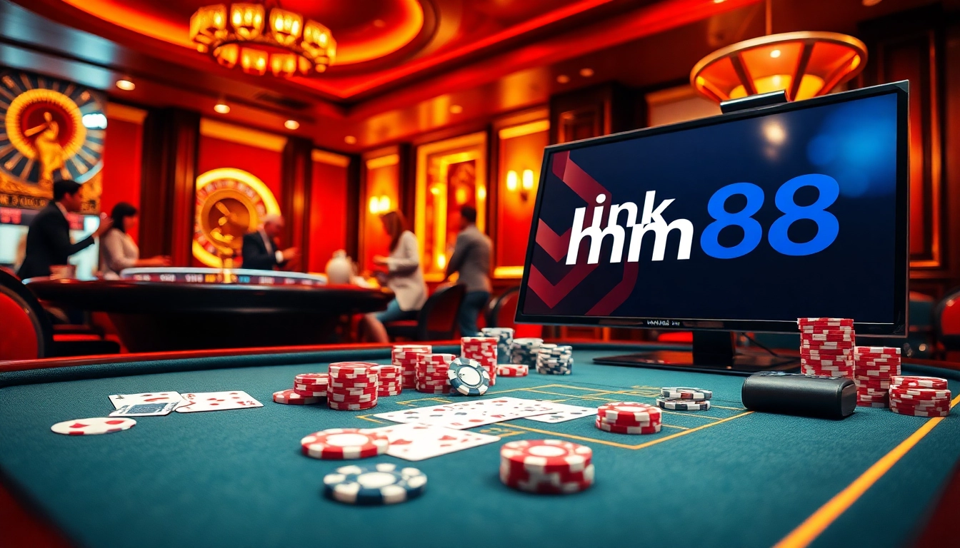 Engage with the thrill of gambling at MM88, showcasing poker chips and online gaming excitement.
