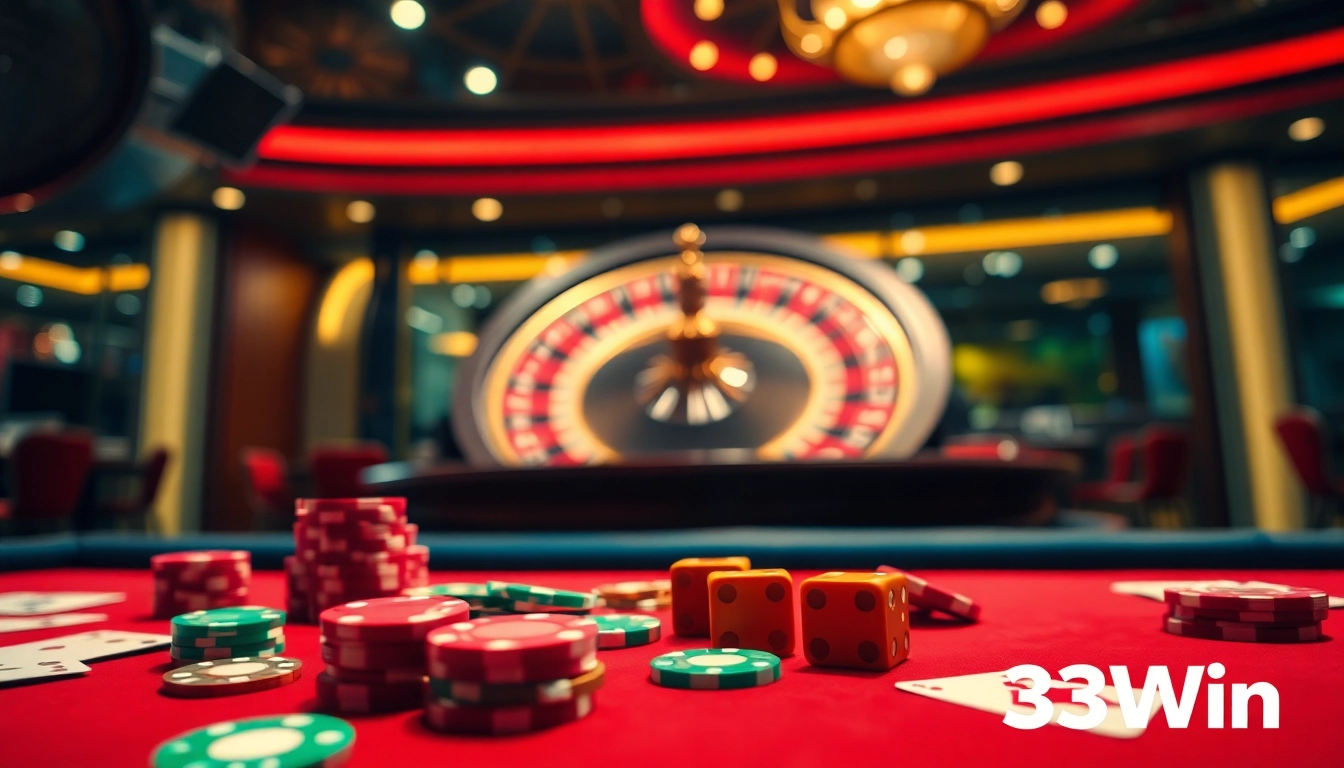 Engage in a thrilling poker game at 33Win, showcasing vibrant chips and cards on the table.