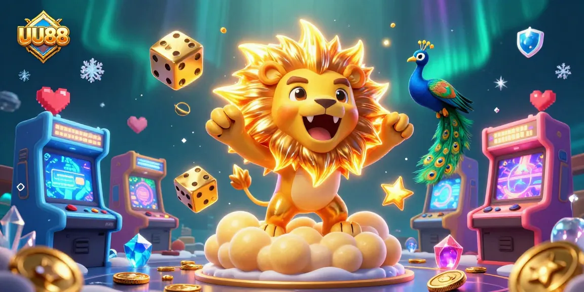 Experience thrilling gameplay with UU88's vibrant casino world featuring golden dice and a sun lion.