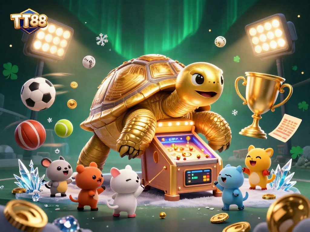Experience the thrill of TT88 with a dynamic 3D casino illustration showcasing vibrant sports elements.