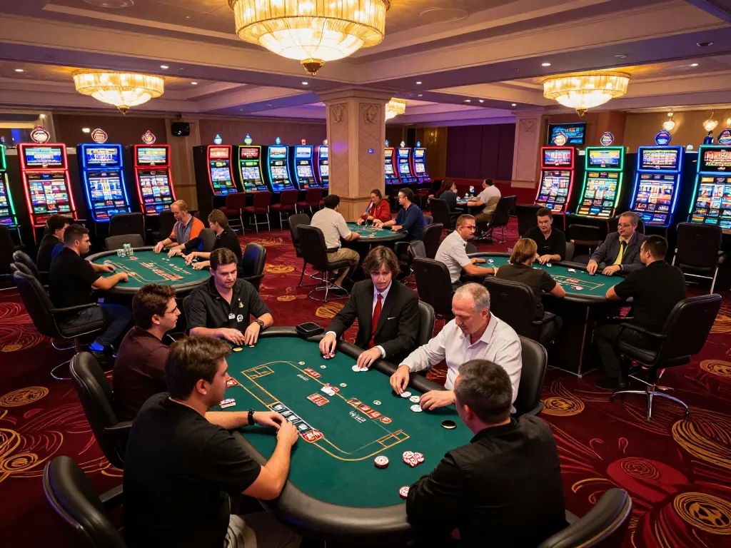 Players engaging in strategic gameplay at MM88 casino, showcasing lively poker tables and vibrant casino atmosphere.