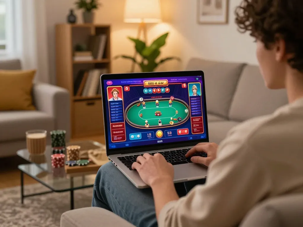 Playing poker on a laptop with HZ88 online casino interface in a cozy gaming setup