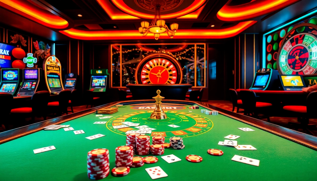Players engaging in poker at uu88's luxurious casino, featuring vibrant slot machines and roulette wheels.